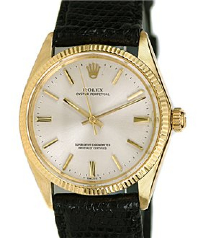 Rolex 1005 Yellow Gold on Strap, Fluted Bezel White Oyster with Gold Index